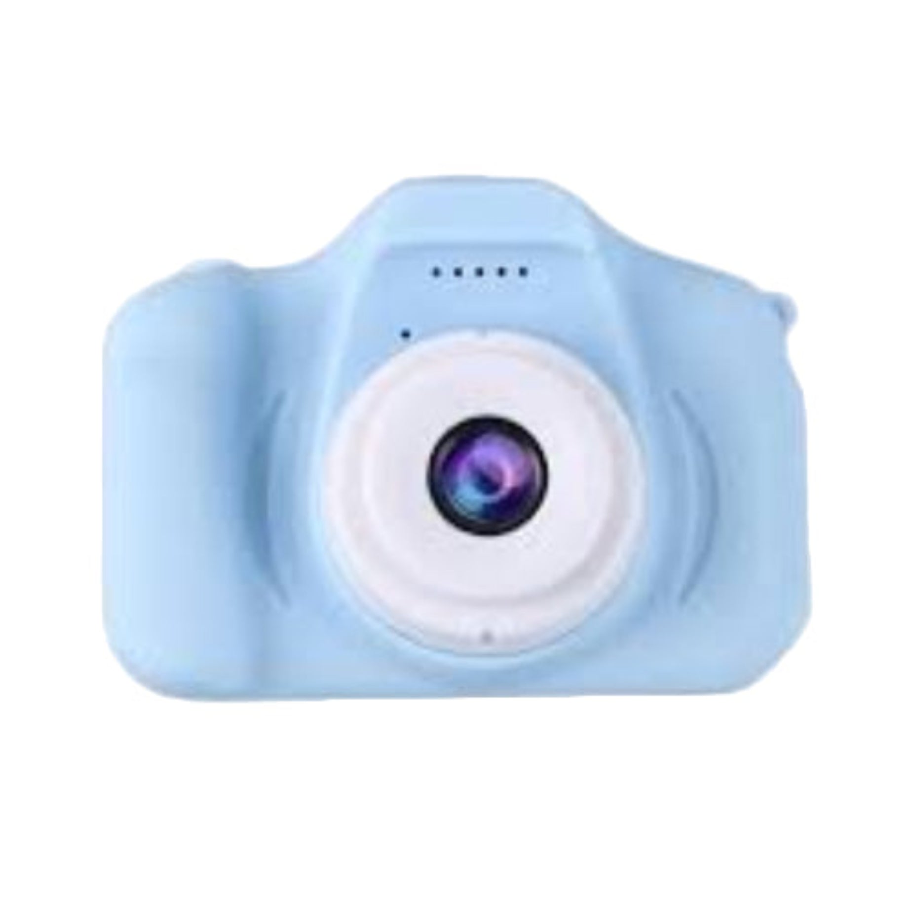 Blue toy camera with a white lens on a white background