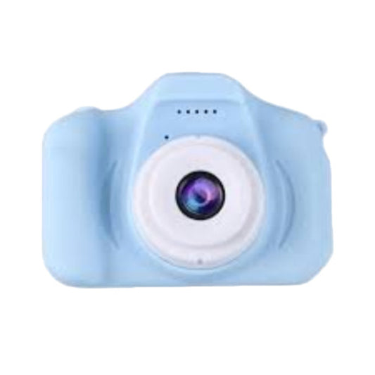 Blue toy camera with a white lens on a white background